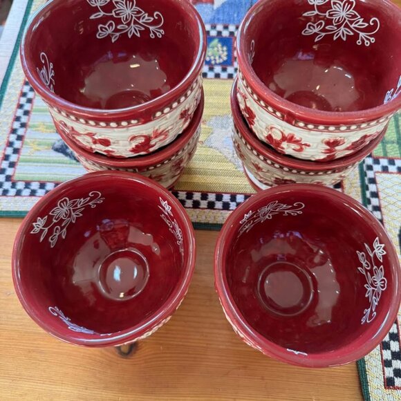 Temptations Red Floral Lace Basketweave Old World Design Stoneware 6pcs - Picture 3 of 10